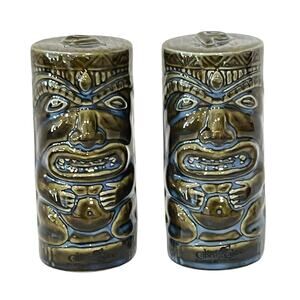 Vintage Tiki Mask Salt & Pepper Shakers Casino Souvenir Tribal Ceramic Set